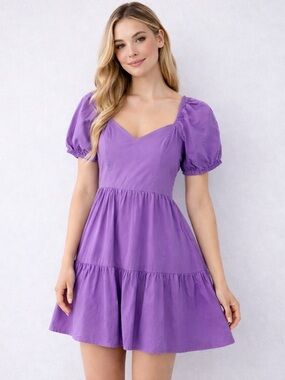 Lavender Puff Sleeve Mini Dress Romantic Fit & Flare Feminine Spring XS